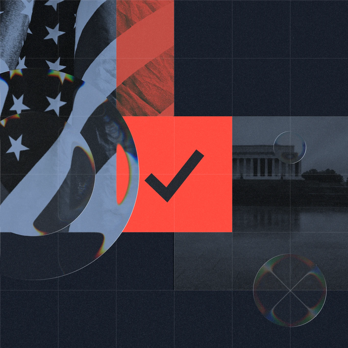 Collage with checkmark, American flag, and federal buildings