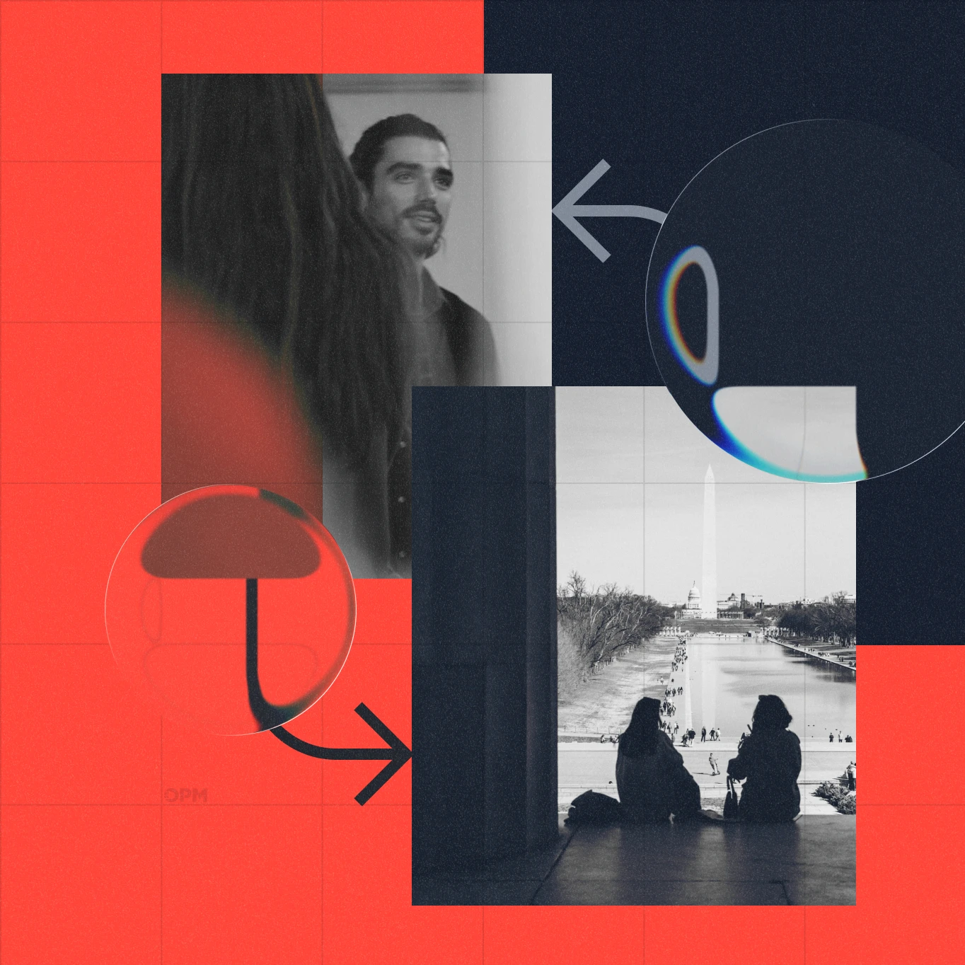 People in conversation at the Washington Monument reflecting pool